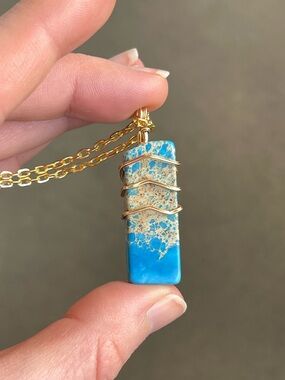 Blue Rectangular Stone Pendant Necklace with Gold Wire Wrap